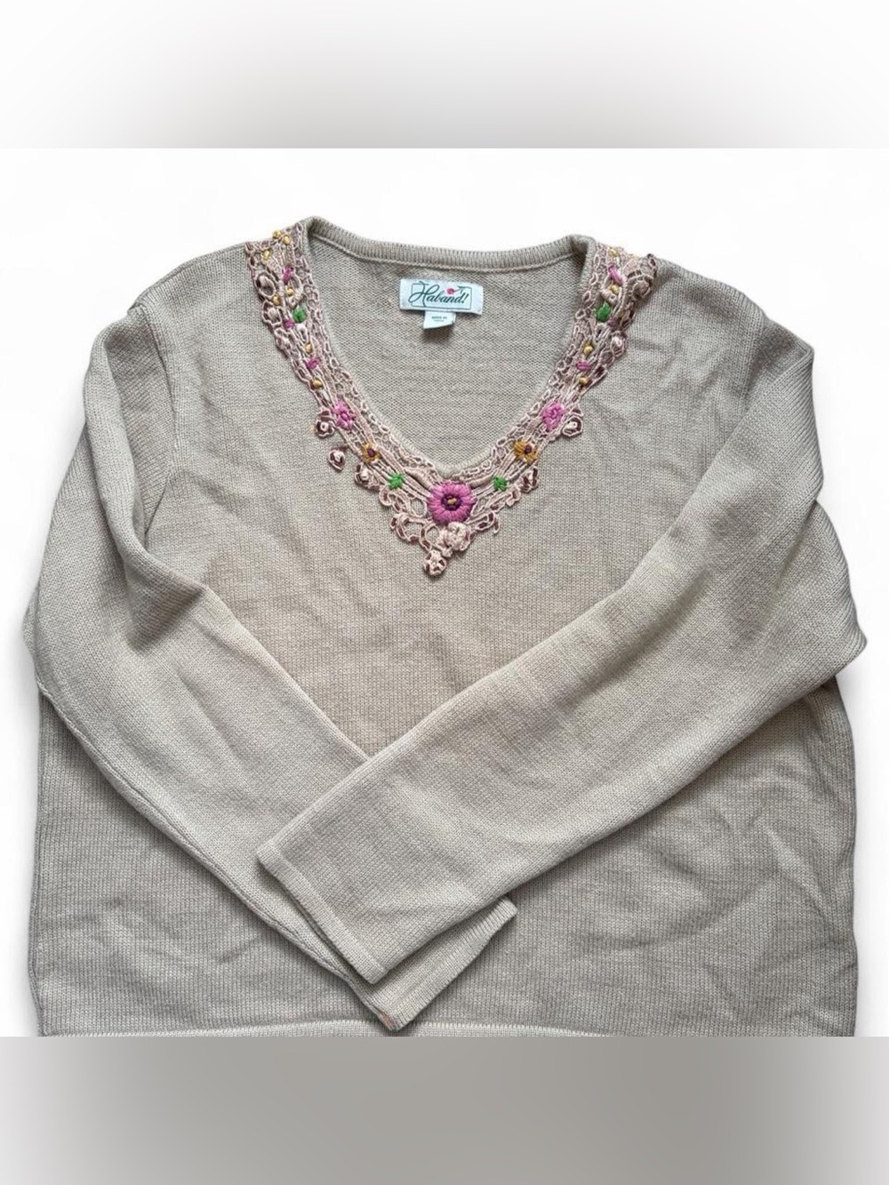 Haband Beige V-Neck Sweater with Pink & Green Floral Crochet Trim